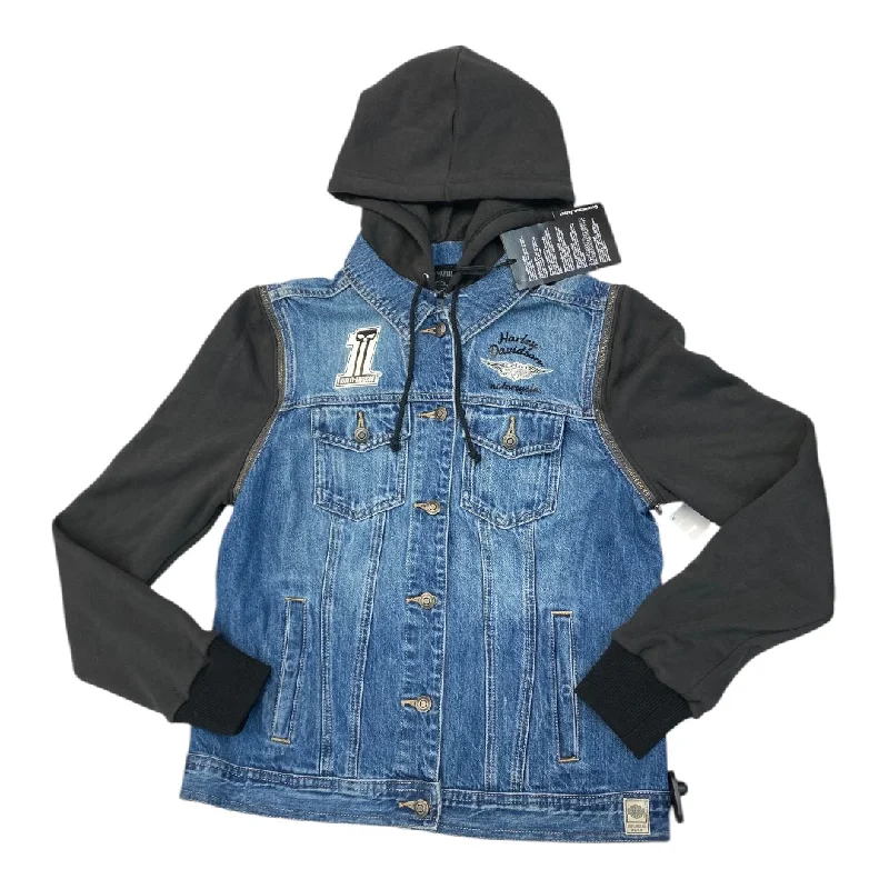 Women's Wool Checkered Blazers -Blazer By Harley Davidson In Blue Denim, Size: M