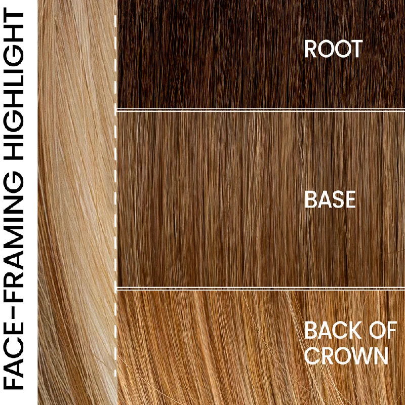 EL 12/22/R8 | A blend of light golden brown with gold blonde highlights rooted medium brown