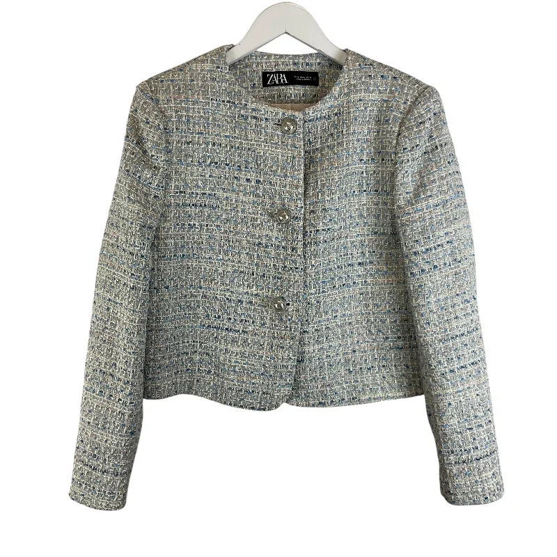 Women's Casual Tweed Blazers -Blazer By Zara In Silver, Size: L