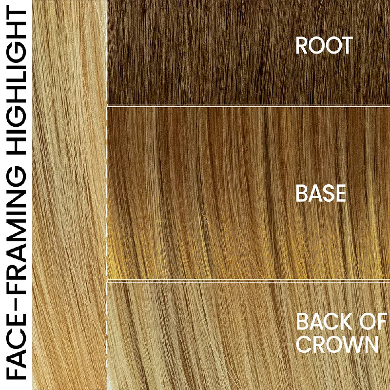EL 14/26/R10 | Warm red brunette blended with cool gold blonde, highlighted with gold blonde rooted medium brown
