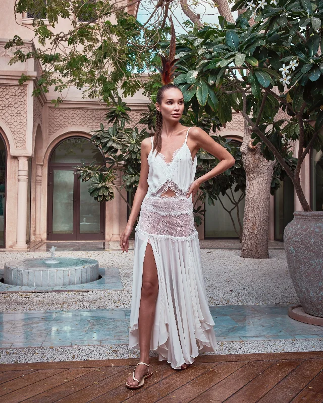Women's Halter Neck Dress-White Chiffon godet panel and Lace camisole dress
