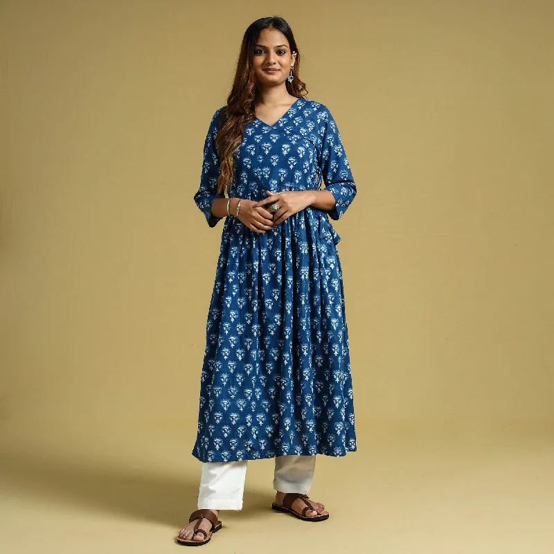 Women's Loose Fit Dress-Blue - Dabu Block Printed Cotton Flared Gher Dress