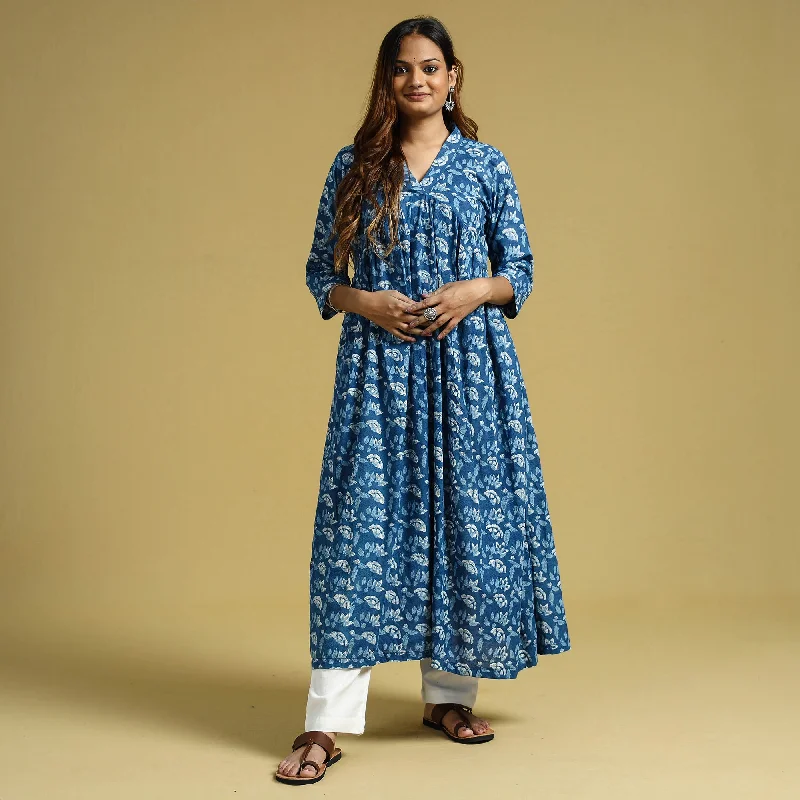 Women's Print Mini Dress-Blue - Dabu Block Printed Cotton Flared Gher Dress