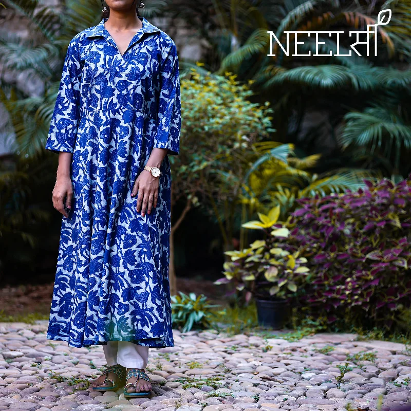 Women's Fitted Cocktail Dress-Blue - Dabu Block Printed Cotton Flared Gher Dress
