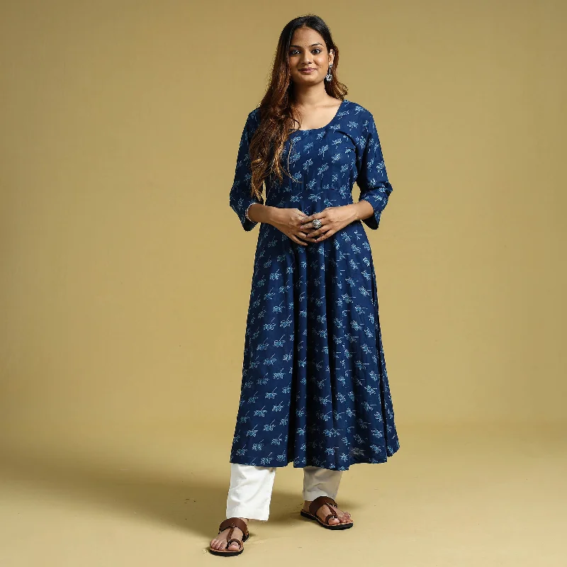 Women's Summer Wrap Dress-Blue - Dabu Block Printed Cotton Flared Gher Dress