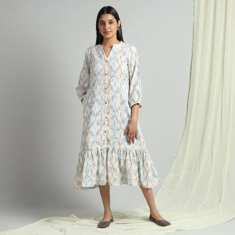 Minimalist Flare Dress -White - Pochampally Ikat Weave Flare Cotton Dress