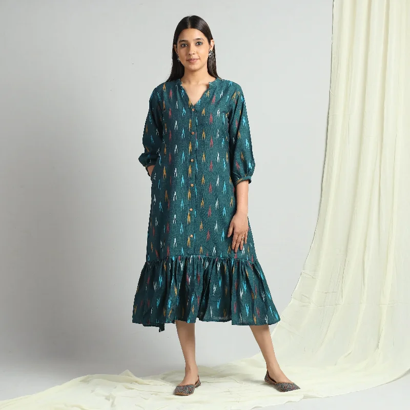 Striped Flare Dress -Dark Green - Pochampally Ikat Weave Flare Cotton Dress
