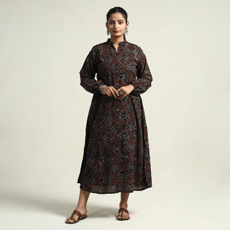 Women's Buttoned Midi Dress-Black - Ajrakh Hand Block Printed Cotton Dress