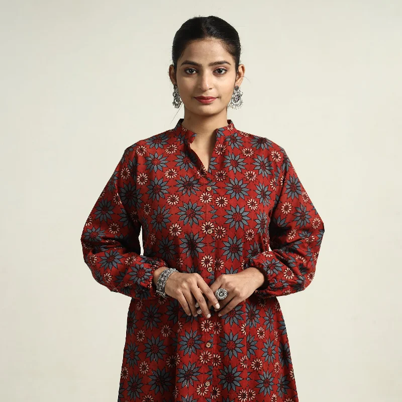 Women's Boxy Dress-Red - Ajrakh Hand Block Printed Cotton Dress