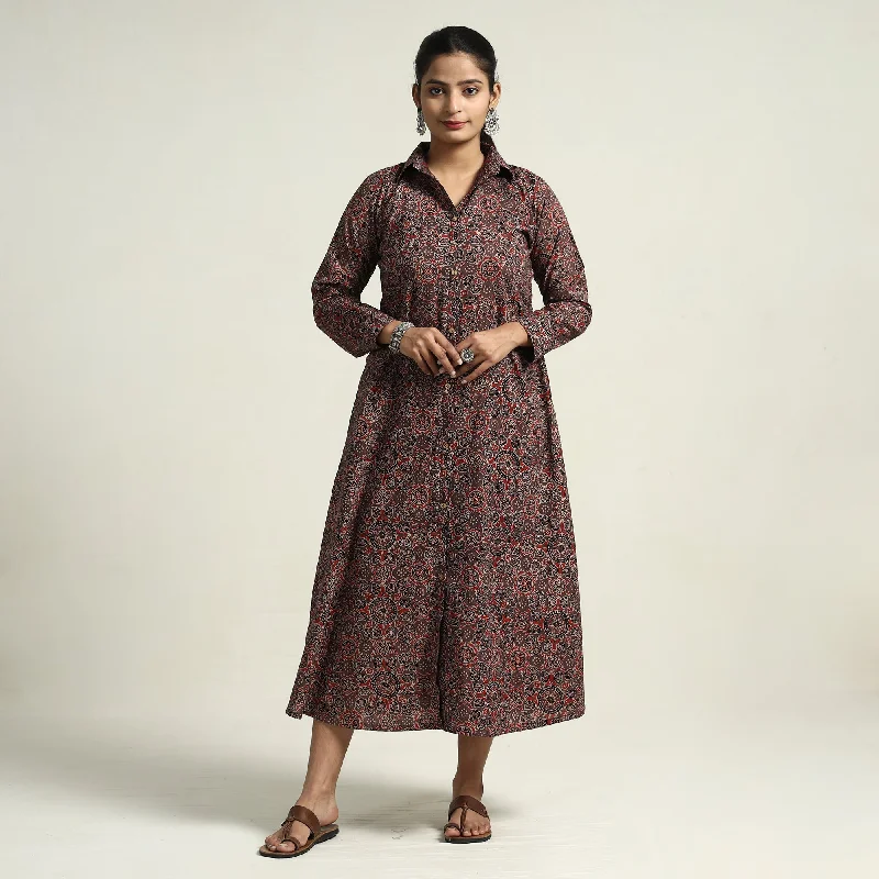 Women's Satin Long Dress-Dark Brown - Ajrakh Hand Block Printed Cotton Dress 16