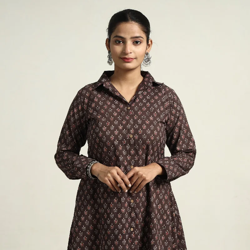 Women's One-shoulder Maxi Dress-Dark Brown - Ajrakh Hand Block Printed Cotton Dress