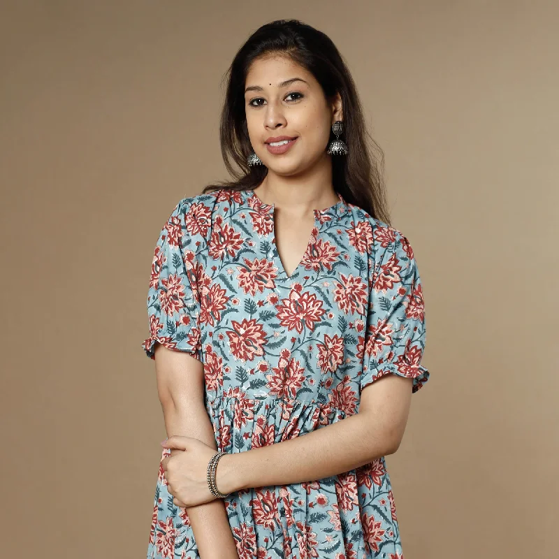 Cold Shoulder Flare Dress -Light Blue - Sanganeri Block Printed Flare Cotton Dress