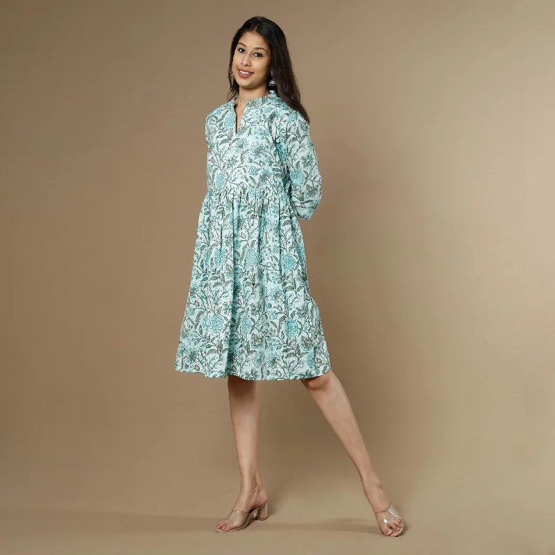 Polka Dot Flare Dress -Blue - Sanganeri Block Printed Flare Cotton Dress