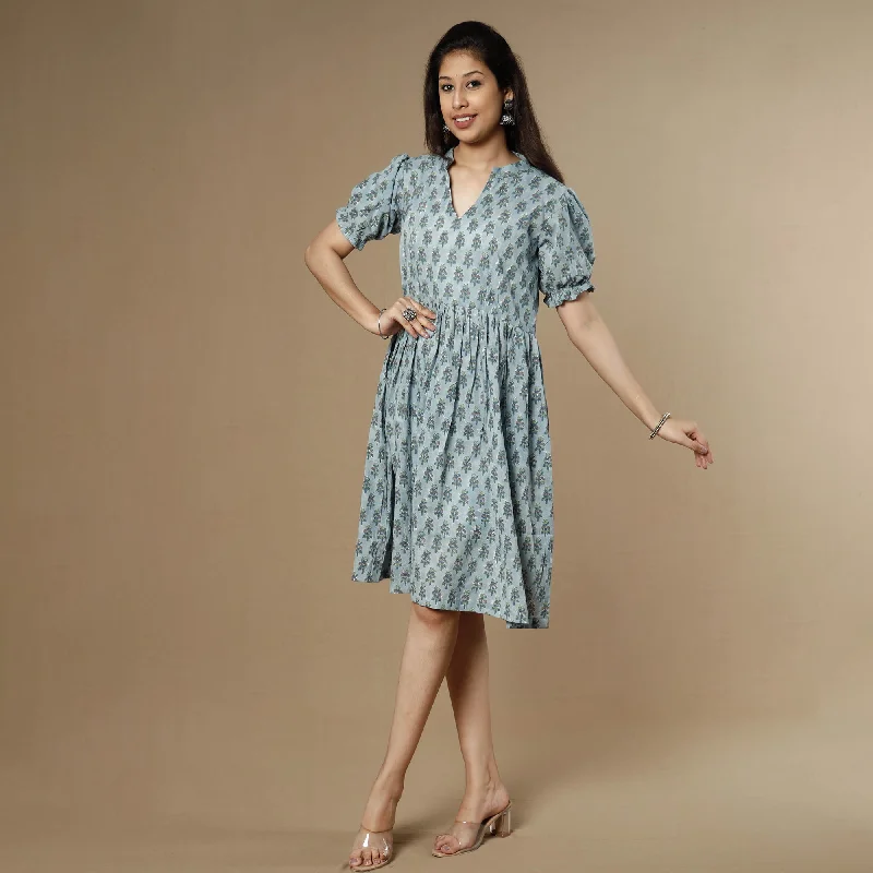 Women's Maxi Flare Dress -Grey - Sanganeri Block Printed Flare Cotton Dress
