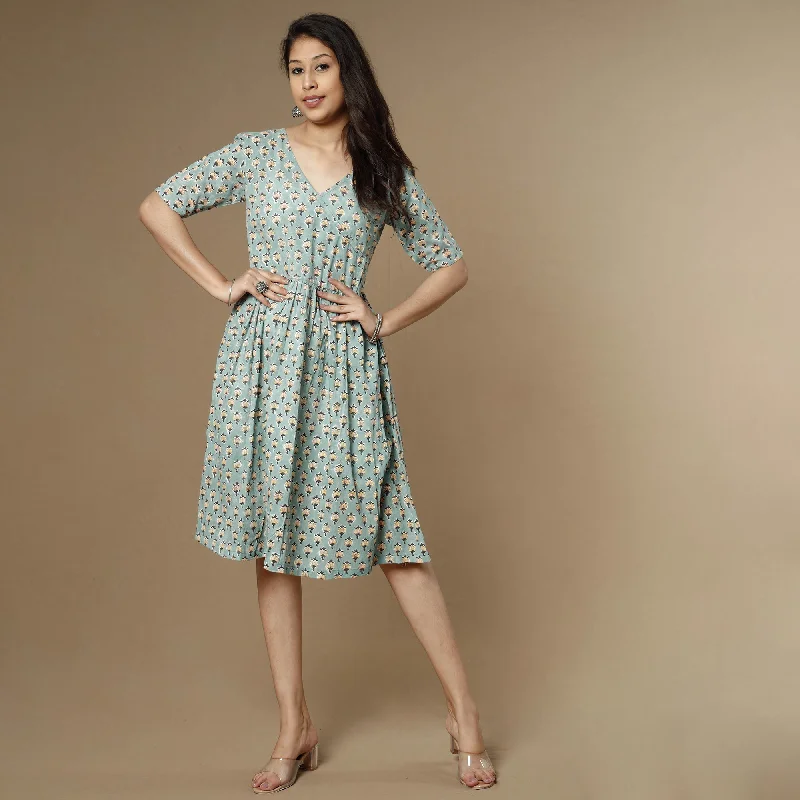 Maternity Flare Dress -Green - Sanganeri Block Printed Flare Cotton Dress