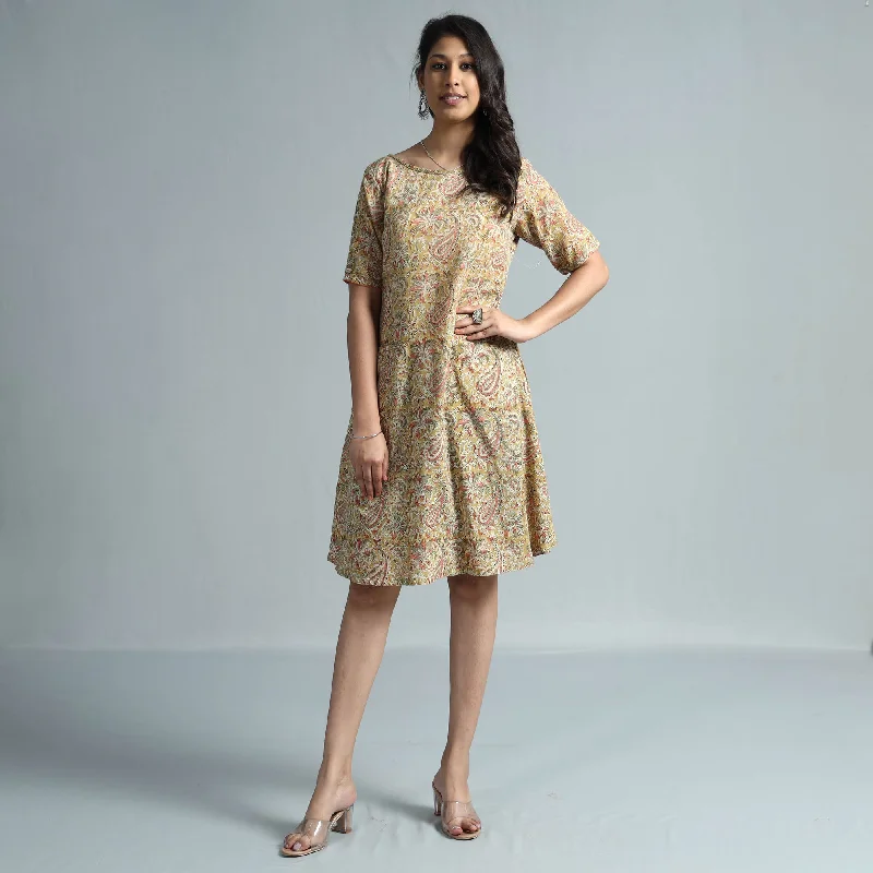Pleated Skirt Flare Dress -Beige - Kalamkari Block Printed Mul Cotton Flare Dress
