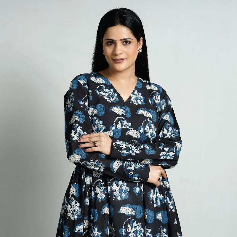 Women's Textured Dress-Black - Bagru Block Printed Cotton Flared Dress