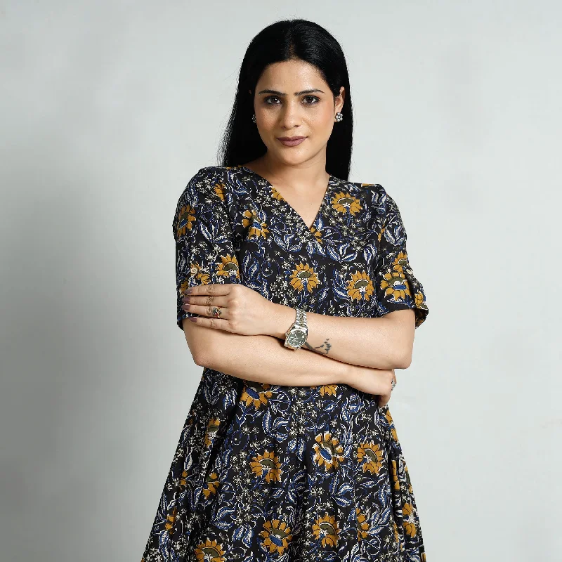 Women's Formal Evening Dress-Black - Bagru Block Printed Cotton Flared Dress