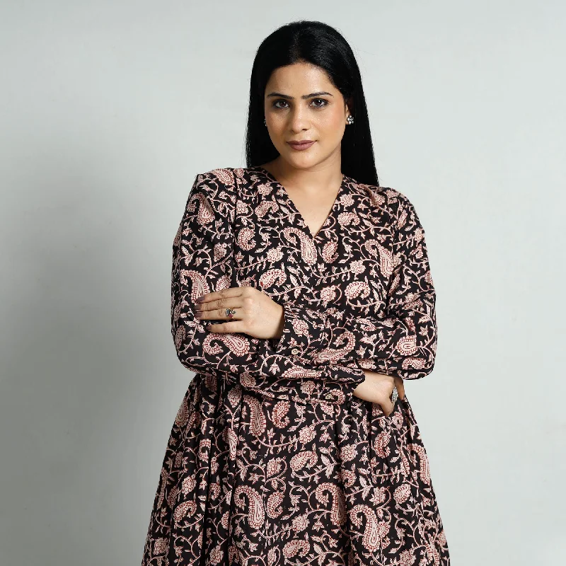 Women's Layered Midi Dress-Black - Bagru Block Printed Cotton Flared Dress
