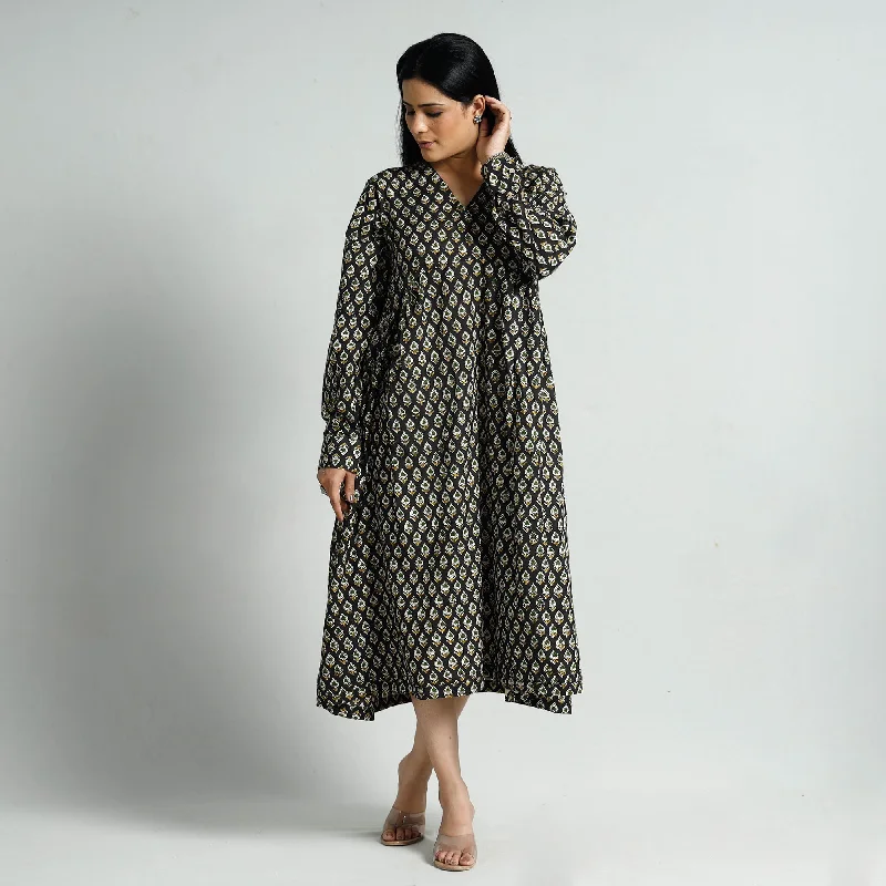 Women's Shift Dress with Sleeves-Black - Bagru Block Printed Cotton Flared Dress