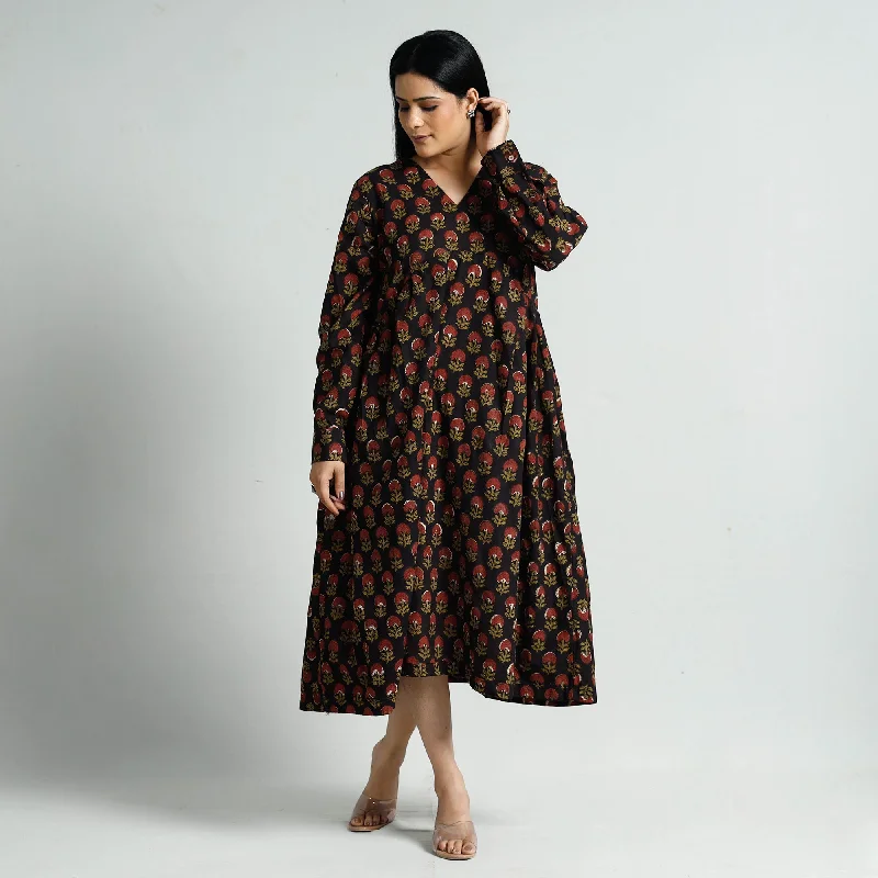 Women's Dress with Lace Detail-Black - Bagru Block Printed Cotton Flared Dress