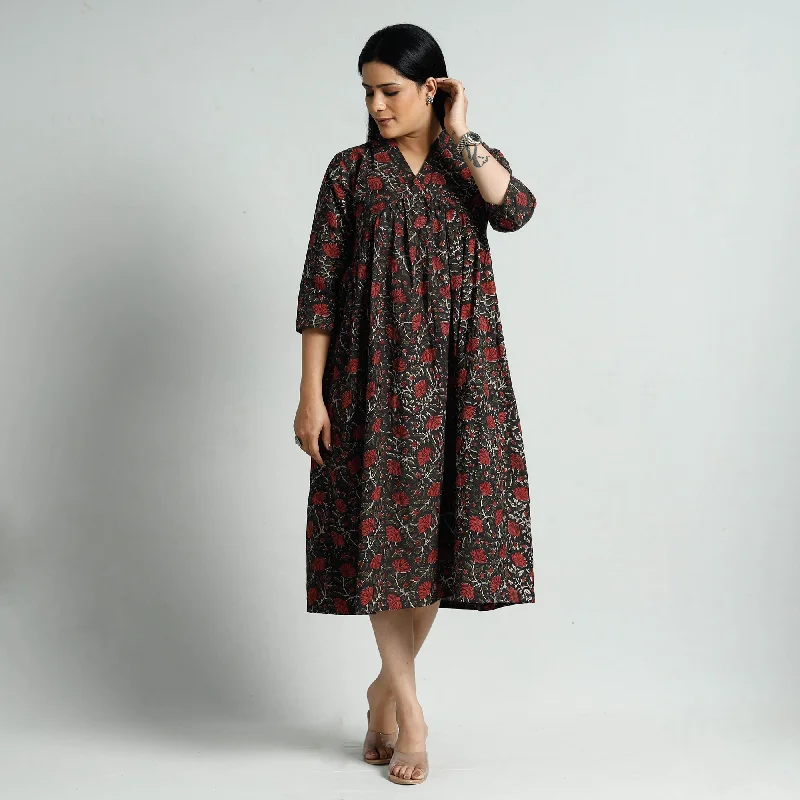 Women's Wrap-Style Dress-Black - Bagru Block Printed Cotton Flared Dress
