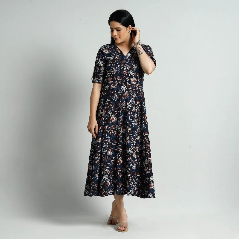 Women's Elegant Cocktail Dress-Black - Bagru Block Printed Cotton Flared Dress