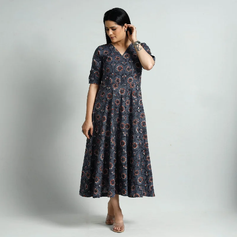 Women's Long Knit Dress-Blue - Bagru Block Printed Cotton Flared Dress