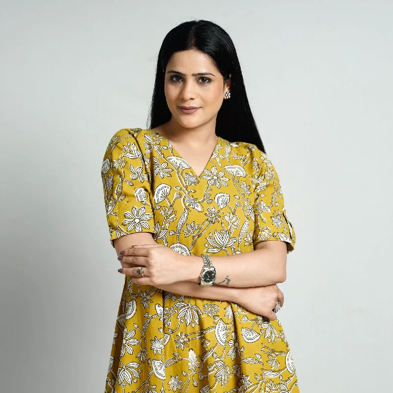 Women's Long Tunic Dress-Yellow - Bagru Block Printed Cotton Flared Dress