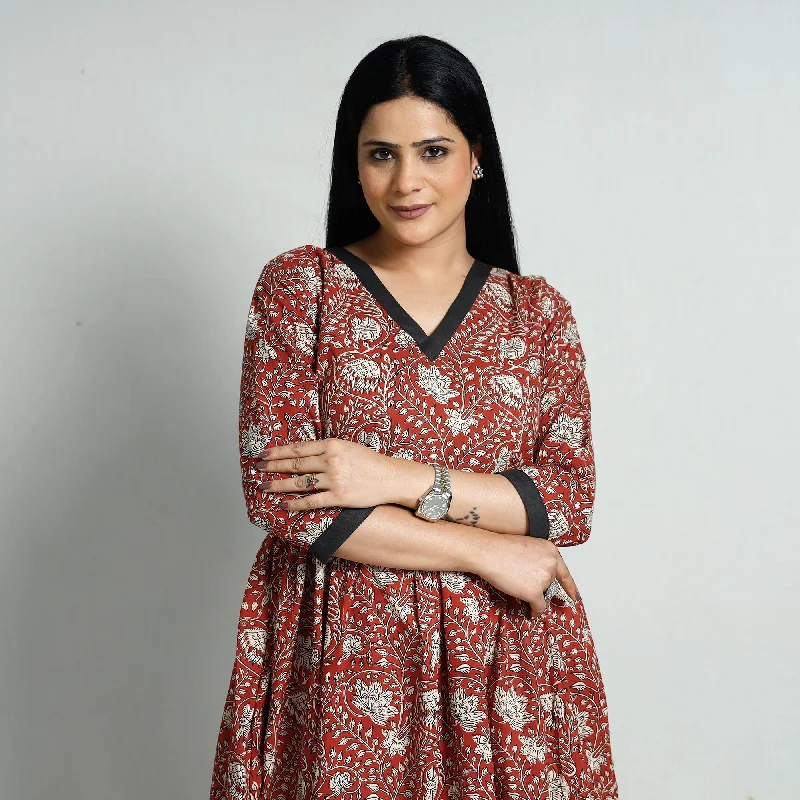 Women's Polka Dot Cocktail Dress-Red - Bagru Block Printed Cotton Flared Dress