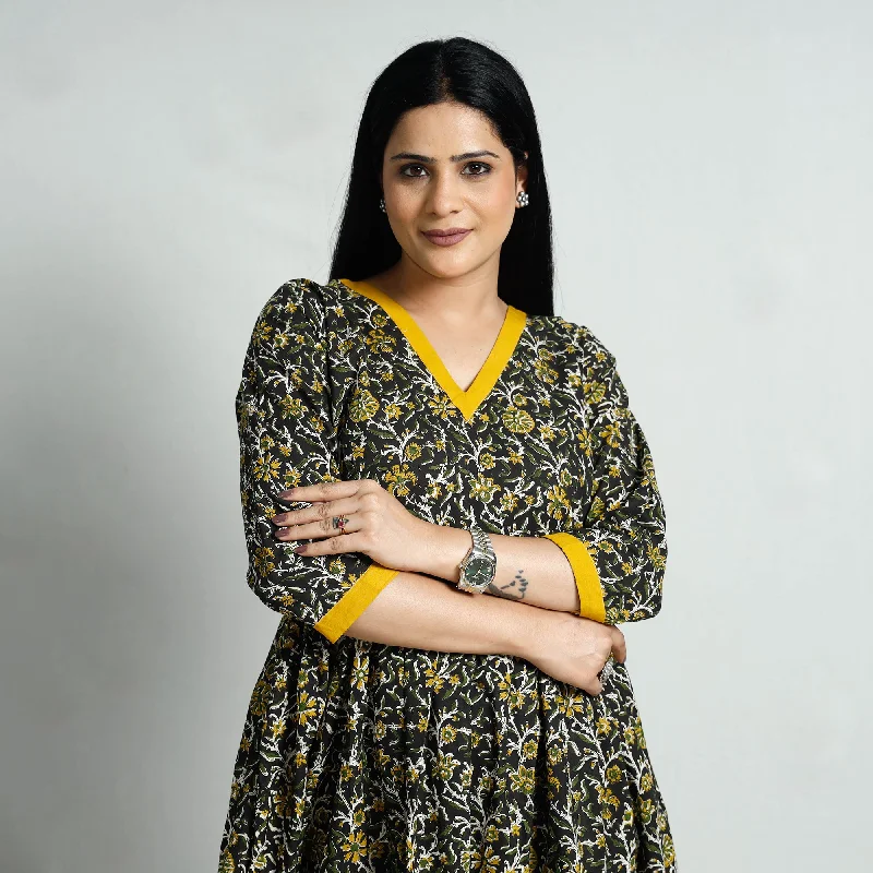 Women's Casual Office Dress-Black - Bagru Block Printed Cotton Flared Dress