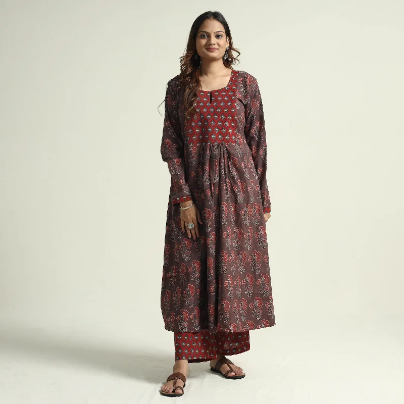 Women's Ribbed Knit Dress-Brown - Ajrakh Block Printed Cotton Flared Kurta with Palazzo Set Women's Ribbed Knit Dress-Brown - Ajrakh Block Printed Cotton Flared Kurta with Palazzo Set