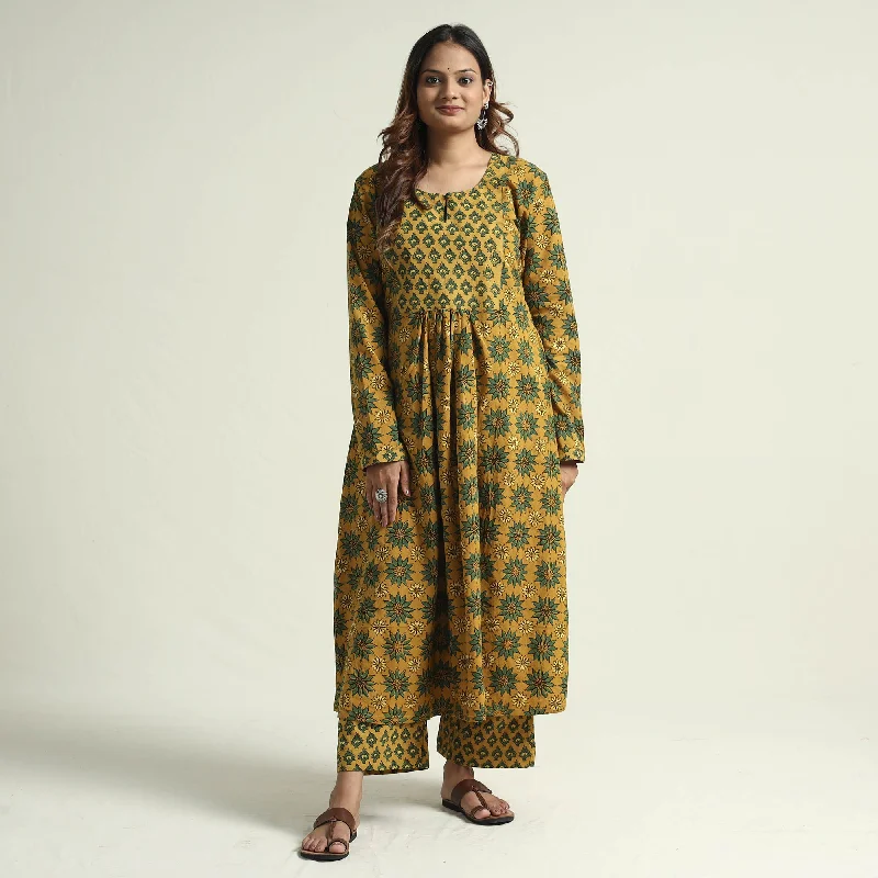 Women's Scalloped Edge Dress-Yellow - Ajrakh Block Printed Cotton Flared Kurta with Palazzo Set Women's Scalloped Edge Dress-Yellow - Ajrakh Block Printed Cotton Flared Kurta with Palazzo Set