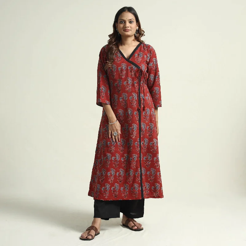 Women's Patterned Midi Dress-Red - Ajrakh Block Printed Cotton Flared Kurta with Palazzo Set Women's Patterned Midi Dress-Red - Ajrakh Block Printed Cotton Flared Kurta with Palazzo Set