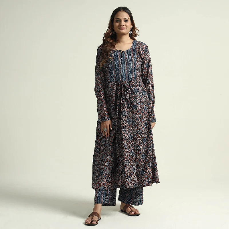 Women's Ruched Cocktail Dress-Blue - Ajrakh Block Printed Cotton Flared Kurta with Palazzo Set Women's Ruched Cocktail Dress-Blue - Ajrakh Block Printed Cotton Flared Kurta with Palazzo Set