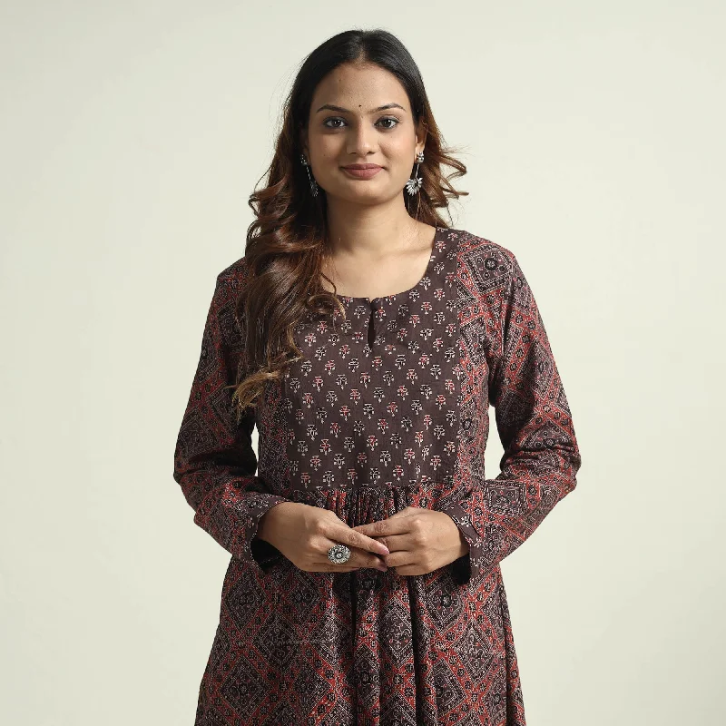Women's Ruffled Neck Dress-Brown - Ajrakh Block Printed Cotton Flared Kurta with Palazzo Set Women's Ruffled Neck Dress-Brown - Ajrakh Block Printed Cotton Flared Kurta with Palazzo Set