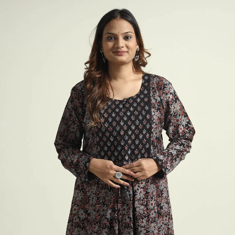Women's Fit-and-flare Dress-Multicolor - Ajrakh Block Printed Cotton Flared Kurta with Palazzo Set