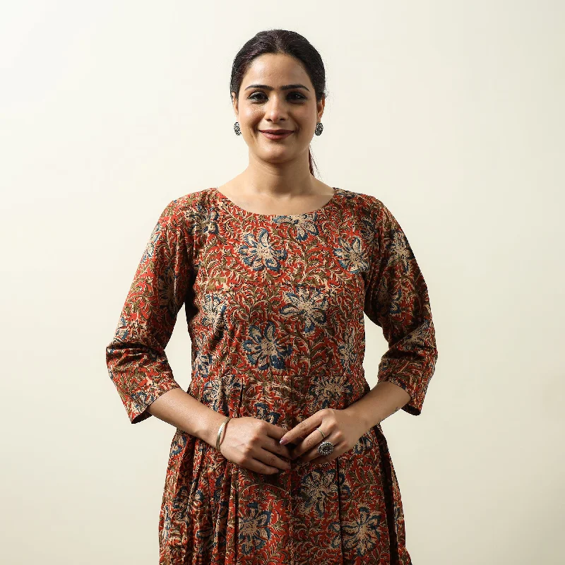 Women's Long Sleeve Shirt Dress-Orange - Kalamkari Block Printed Cotton Flared Gher Short Dress 11