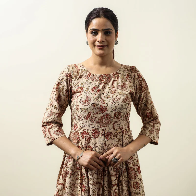 Button-down Shirt Dress-Beige - Kalamkari Block Printed Cotton Flared Gher Short Dress 07