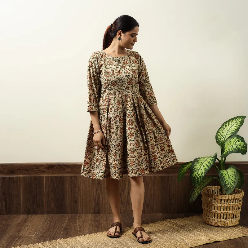Summer Shirt Dress-Beige - Kalamkari Block Printed Cotton Flared Gher Short Dress 08