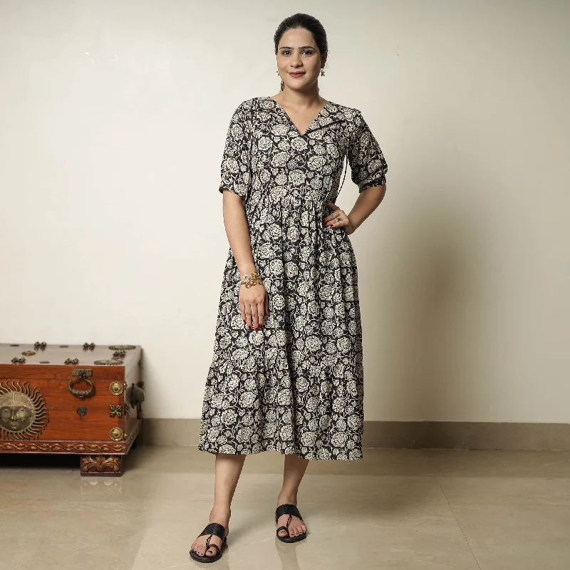Women's Blush Pink Dress-Black - Bagru Block Printed Cotton Tiered Dress 11