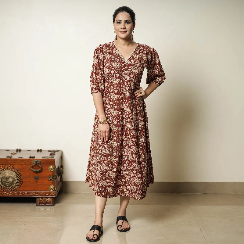 Women's Colorful Dress-Red - Bagru Block Printed Cotton Flared Dress 02