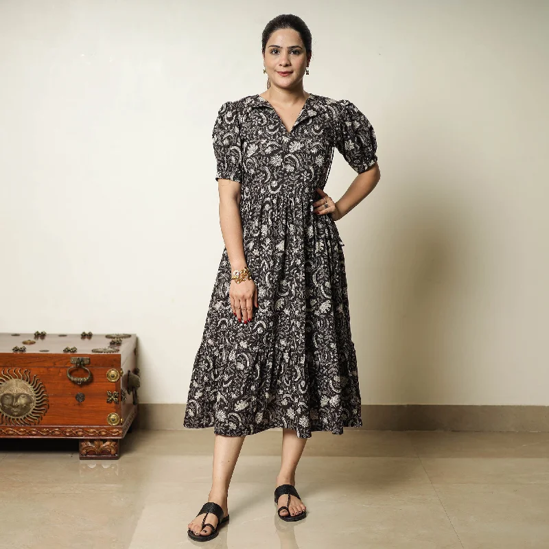 Women's Beaded Dress-Black - Bagru Block Printed Cotton Tiered Dress 13