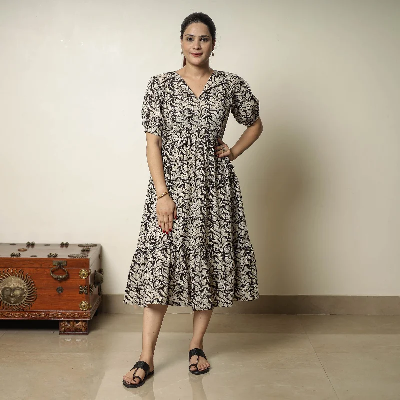 Women's Long Sleeve Dress-Beige - Bagru Block Printed Cotton Tiered Dress 14
