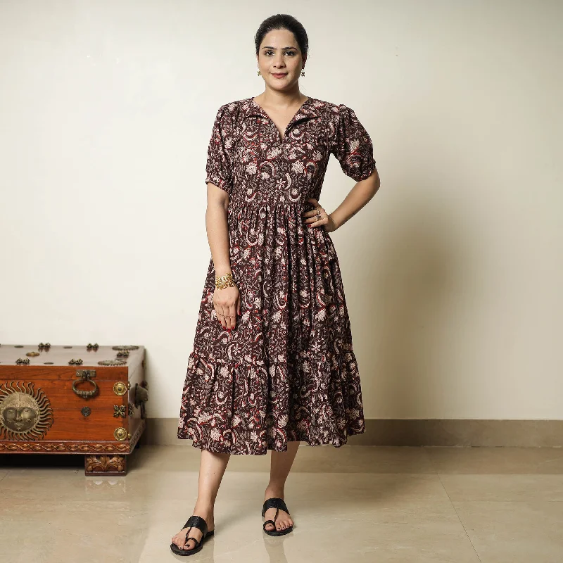 Women's Bodycon Maxi Dress-Maroon - Bagru Block Printed Cotton Tiered Dress 15