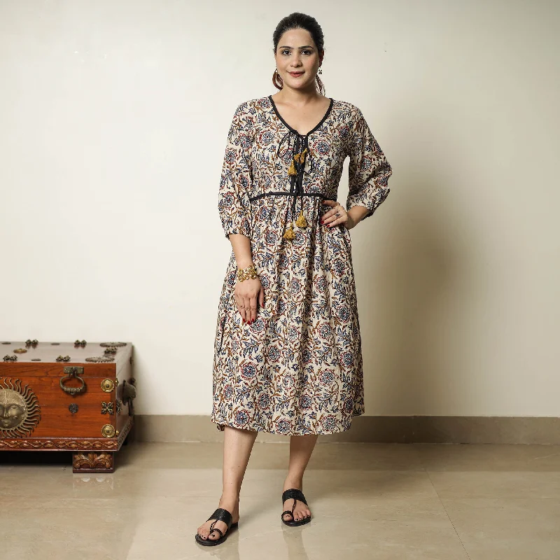 Women's Silver Sequin Dress-Beige - Bagru Block Printed Cotton Flared Dress 16