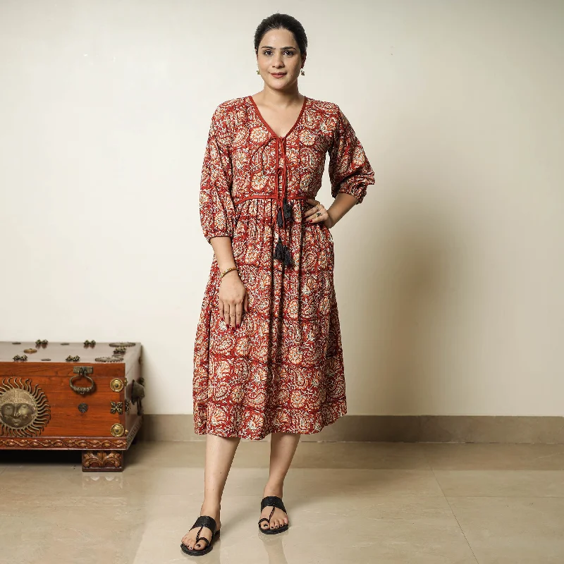 Women's Off-shoulder Maxi Dress-Red - Bagru Block Printed Cotton Flared Dress 17