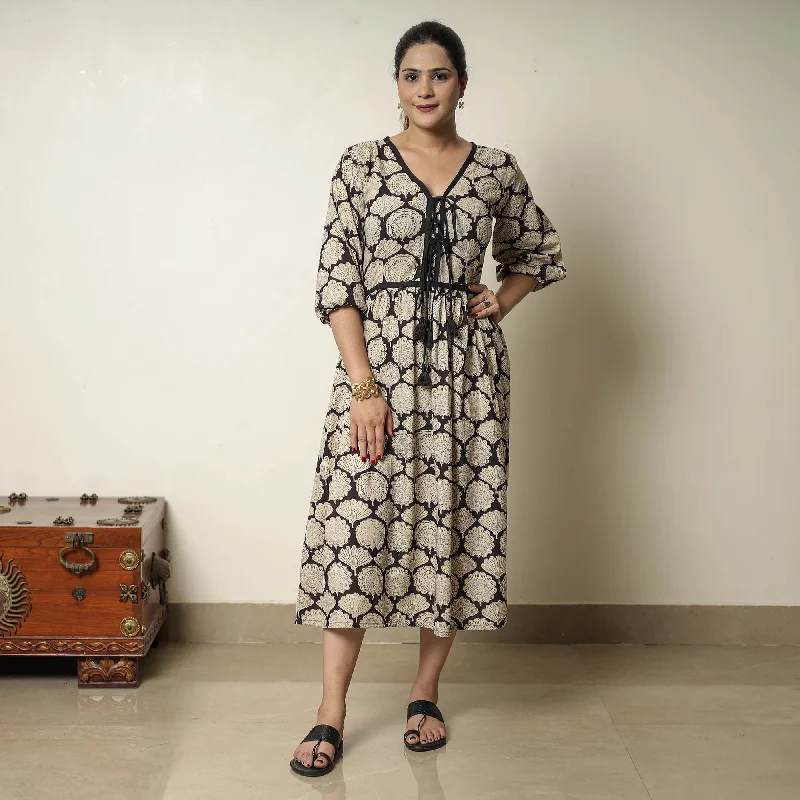 Women's Casual Sundress-Beige - Bagru Block Printed Cotton Flared Dress 18