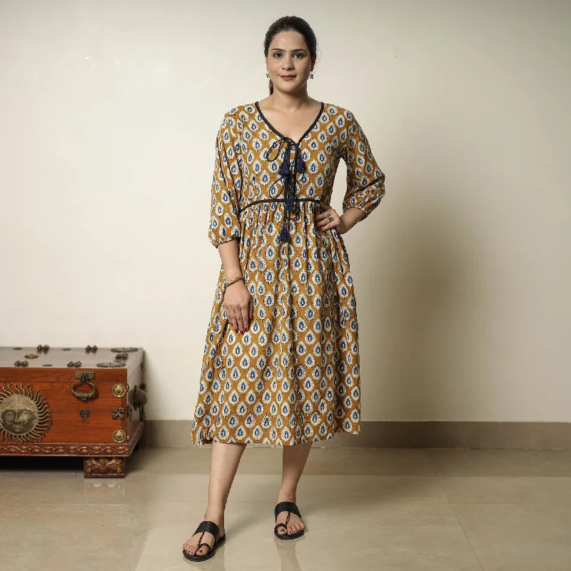 Women's Puff Sleeve Dress-Brown - Bagru Block Printed Cotton Flared Dress 19