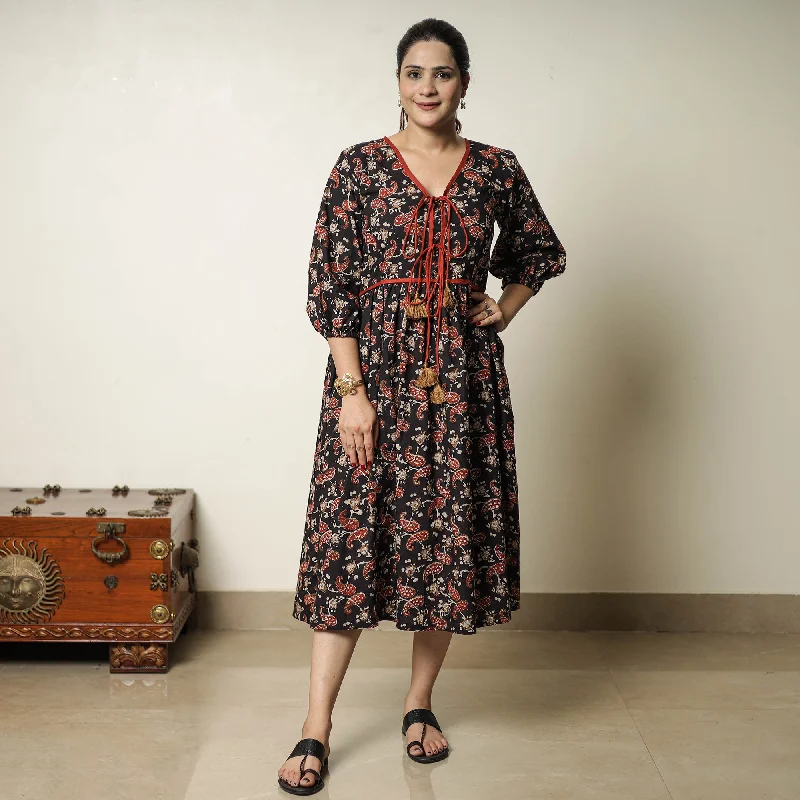 Women's One-Shoulder Dress-Black - Bagru Block Printed Cotton Flared Dress 20